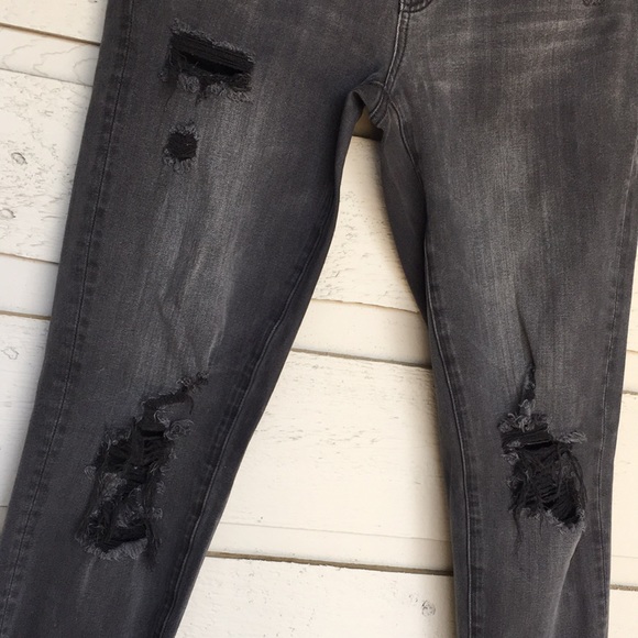 AE DISTRESSED BLACK WASHED OUT JEANS SUPER STRETCH X4 RAW HEM - Picture 7 of 14